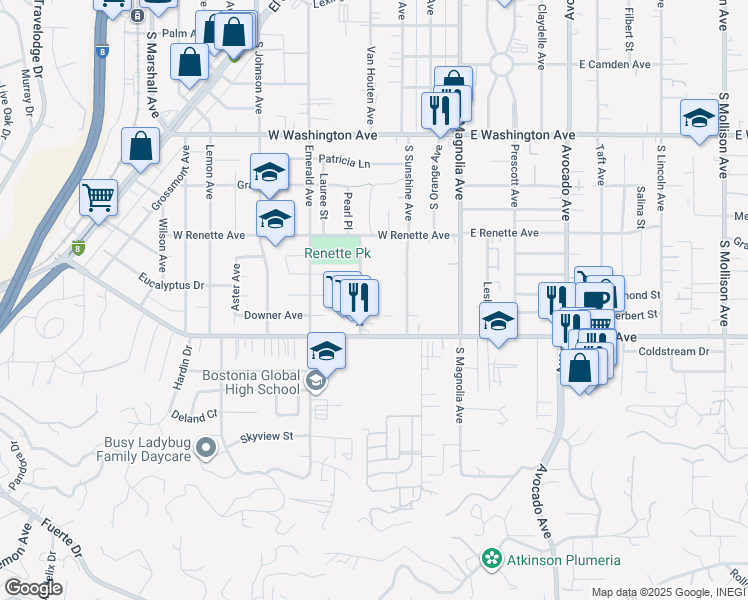 map of restaurants, bars, coffee shops, grocery stores, and more near 1069 Estes Street in El Cajon
