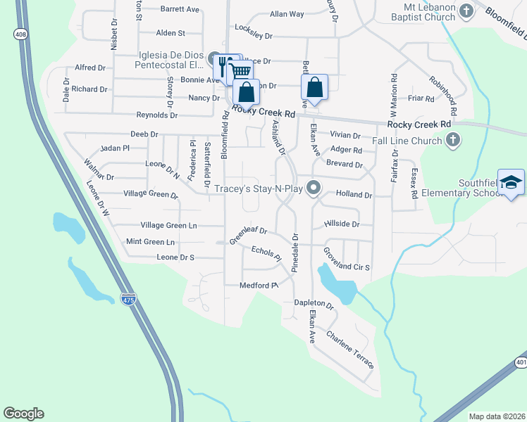map of restaurants, bars, coffee shops, grocery stores, and more near 2569 Greenleaf Drive in Macon