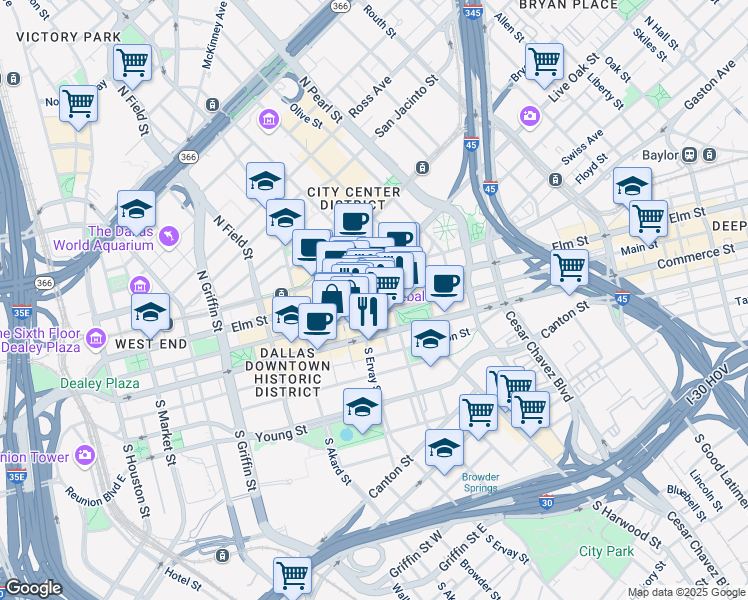 map of restaurants, bars, coffee shops, grocery stores, and more near in Dallas