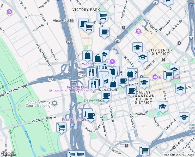 map of restaurants, bars, coffee shops, grocery stores, and more near 601 North Houston Street in Dallas