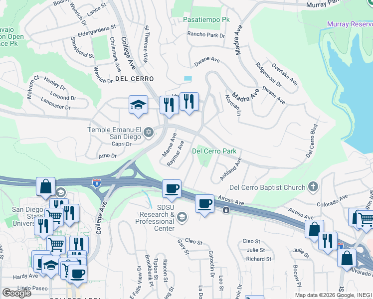 map of restaurants, bars, coffee shops, grocery stores, and more near 5655 Madra Avenue in San Diego