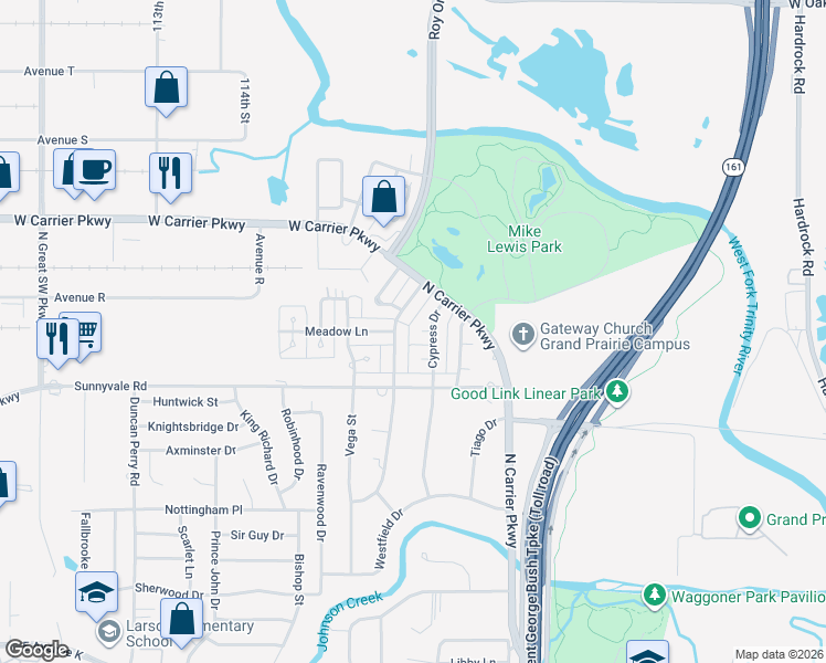 map of restaurants, bars, coffee shops, grocery stores, and more near 2006 Cypress Court in Grand Prairie