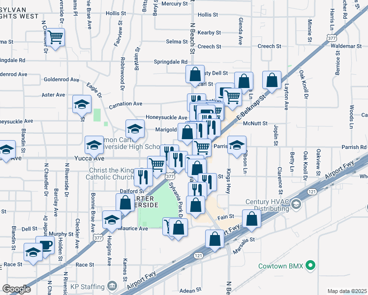 map of restaurants, bars, coffee shops, grocery stores, and more near 3825 Yucca Avenue in Fort Worth