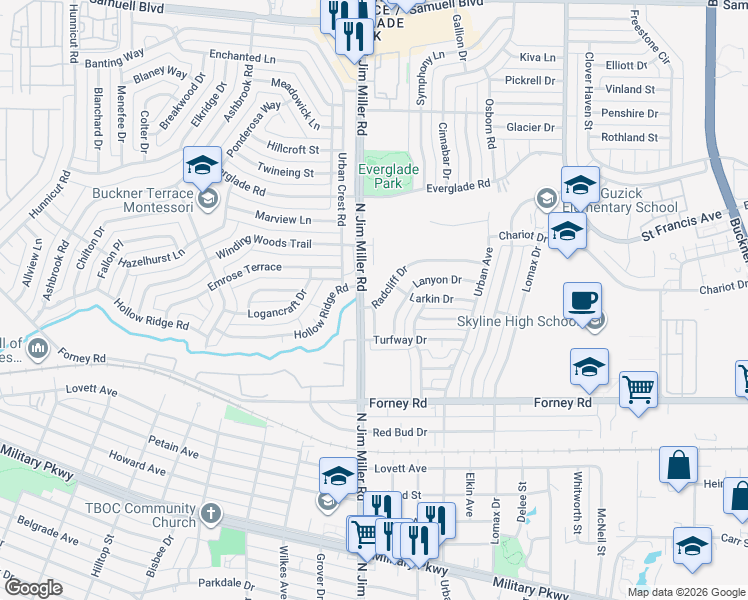map of restaurants, bars, coffee shops, grocery stores, and more near 7009 Radcliff Drive in Dallas
