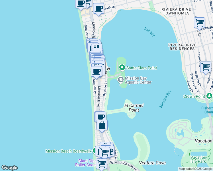 map of restaurants, bars, coffee shops, grocery stores, and more near 3656 Bayside Walk in San Diego