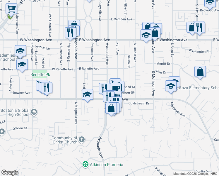 map of restaurants, bars, coffee shops, grocery stores, and more near 1037 Avocado Avenue in El Cajon