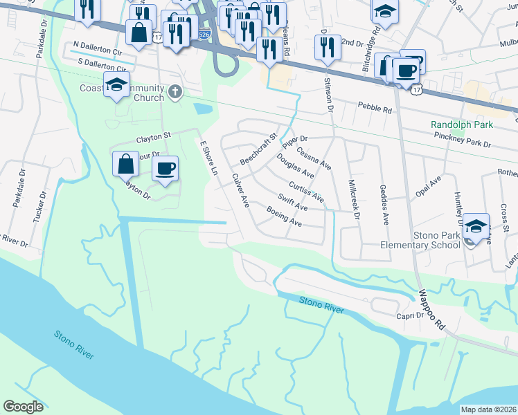map of restaurants, bars, coffee shops, grocery stores, and more near 2033 Boeing Avenue in Charleston