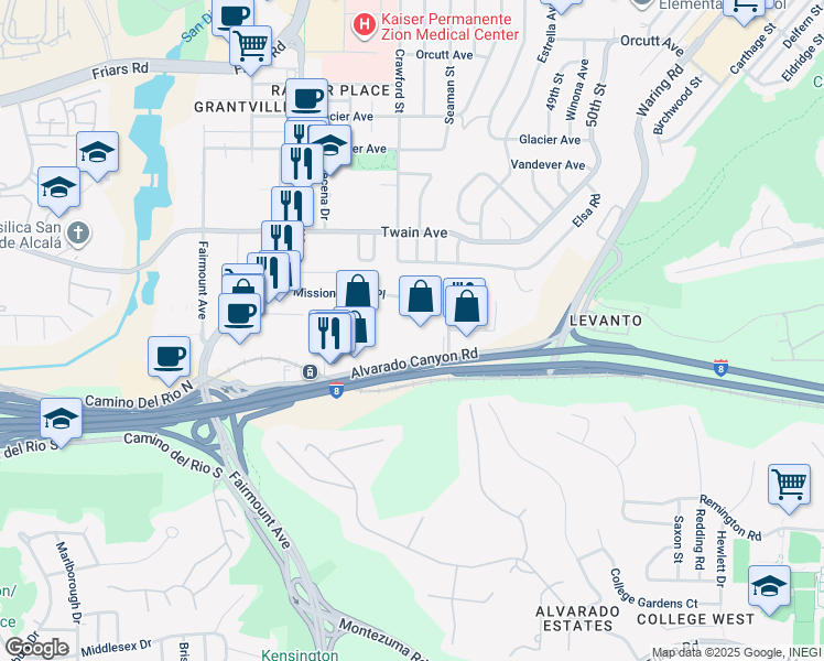 map of restaurants, bars, coffee shops, grocery stores, and more near 4651 Mission Gorge Place in San Diego