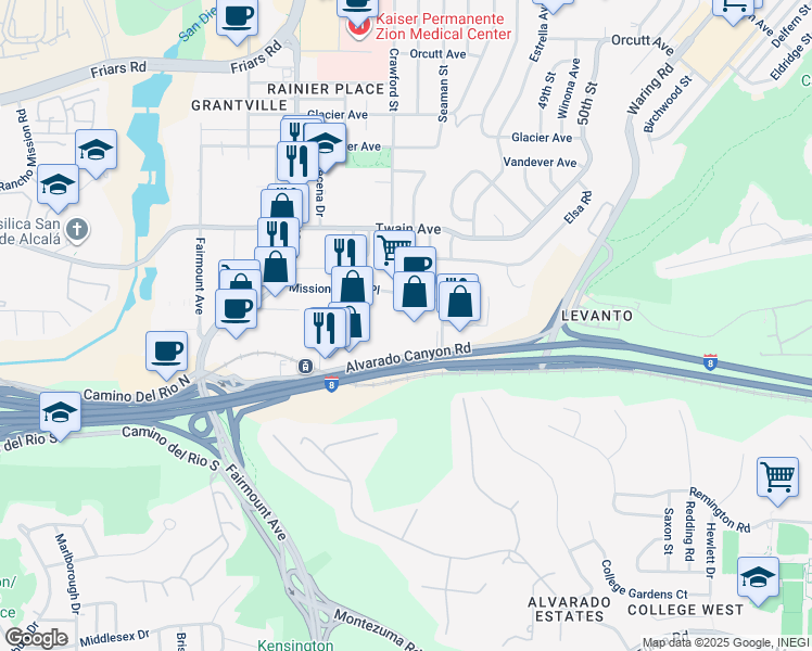 map of restaurants, bars, coffee shops, grocery stores, and more near 4651 Mission Gorge Place in San Diego