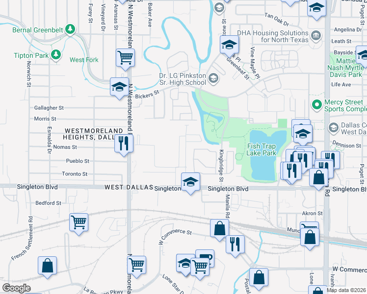 map of restaurants, bars, coffee shops, grocery stores, and more near Fishtrap Lake Park Trail in Dallas