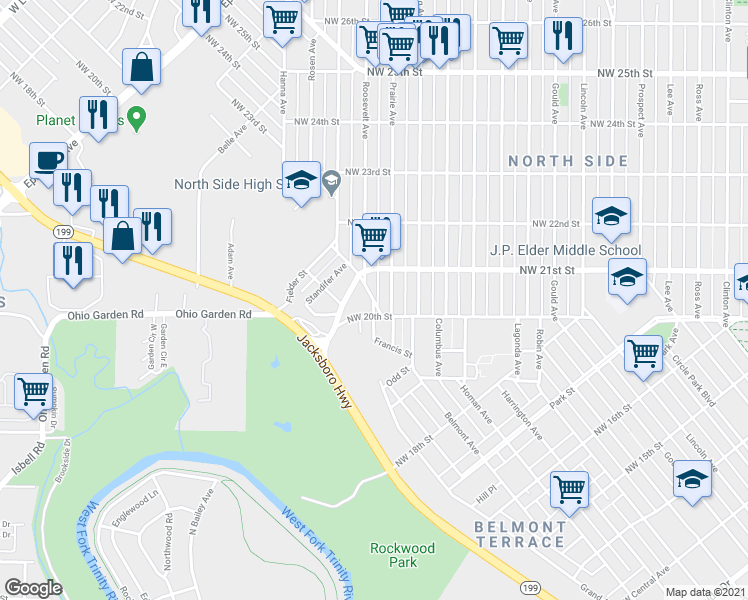 map of restaurants, bars, coffee shops, grocery stores, and more near 3110 Francis Street in Fort Worth