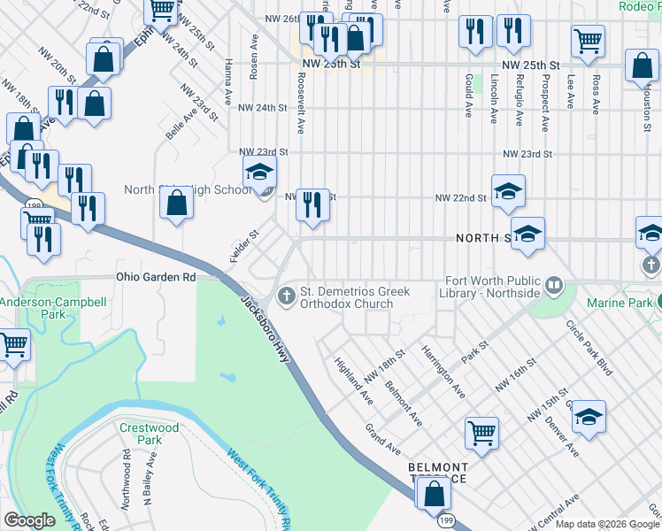 map of restaurants, bars, coffee shops, grocery stores, and more near 2017 Loving Avenue in Fort Worth