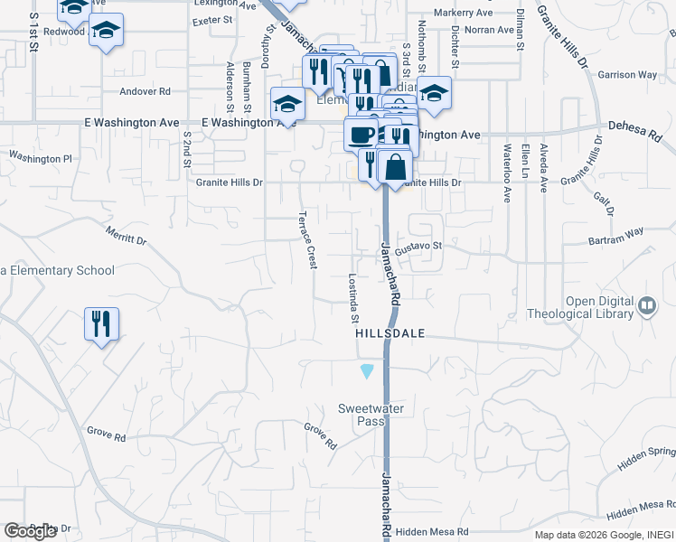 map of restaurants, bars, coffee shops, grocery stores, and more near 1454 Gustavo Street in El Cajon