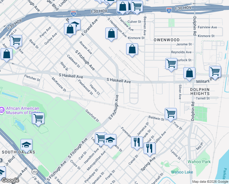 map of restaurants, bars, coffee shops, grocery stores, and more near 4527 Crosstown Expressway in Dallas