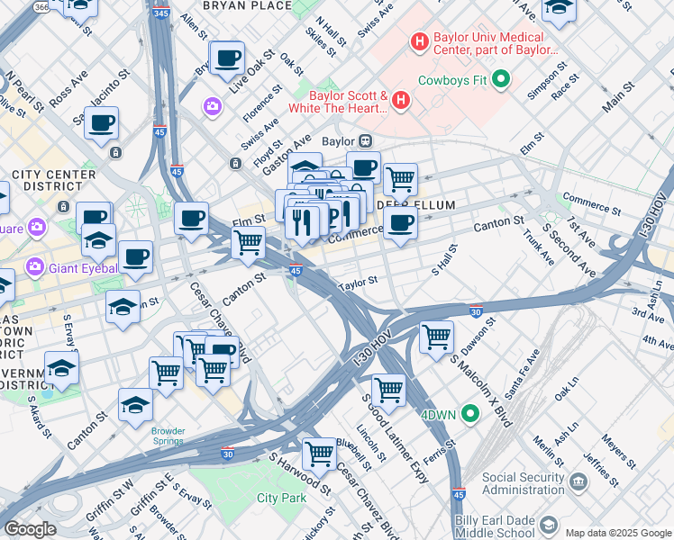 map of restaurants, bars, coffee shops, grocery stores, and more near 2700 Canton Street in Dallas