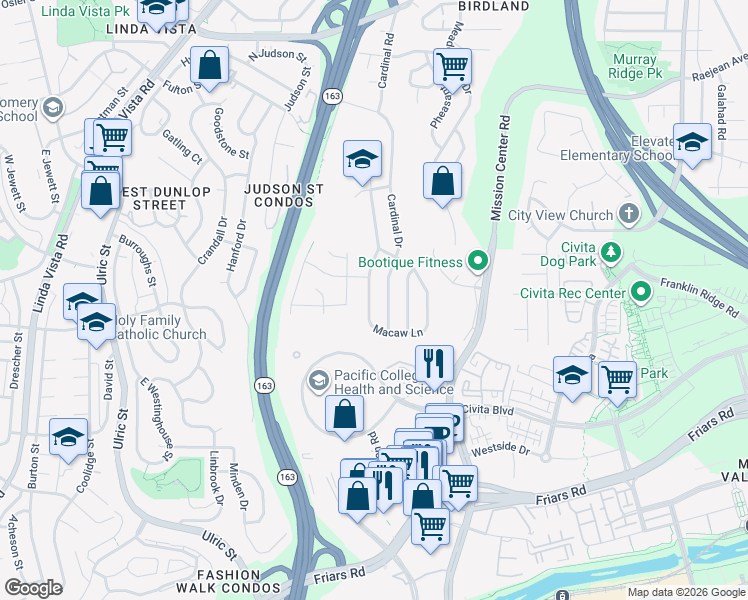 map of restaurants, bars, coffee shops, grocery stores, and more near 2106 Cardinal Drive in San Diego