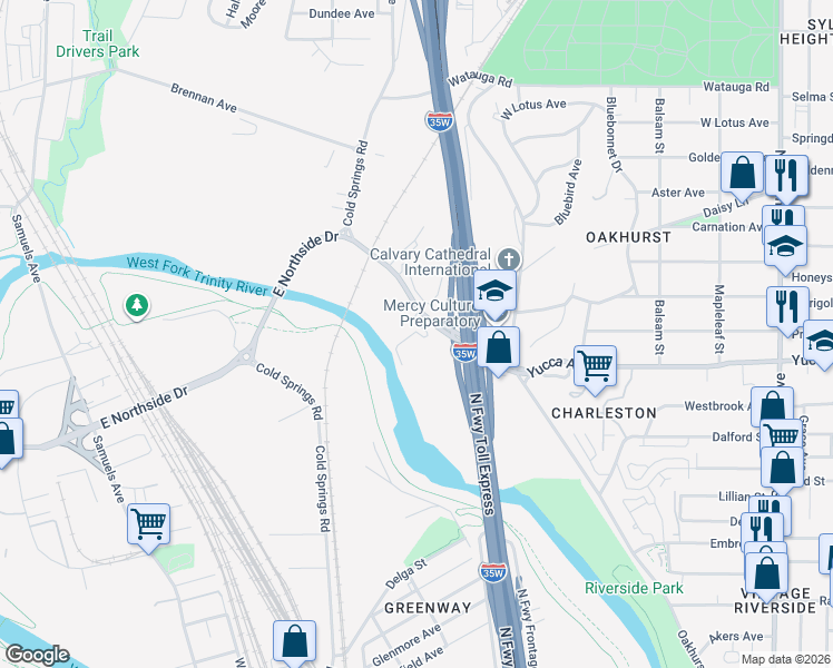 map of restaurants, bars, coffee shops, grocery stores, and more near 1852 East Northside Drive in Fort Worth