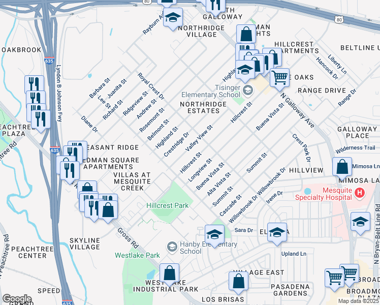 map of restaurants, bars, coffee shops, grocery stores, and more near 1408 Crestridge Street in Mesquite