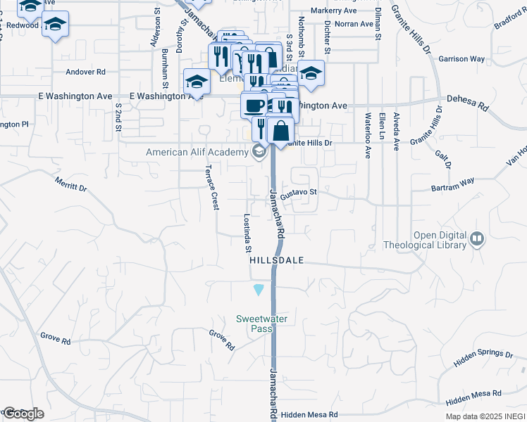 map of restaurants, bars, coffee shops, grocery stores, and more near 1489 Gustavo Street in El Cajon