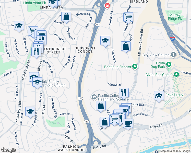map of restaurants, bars, coffee shops, grocery stores, and more near Goshawk Street in San Diego