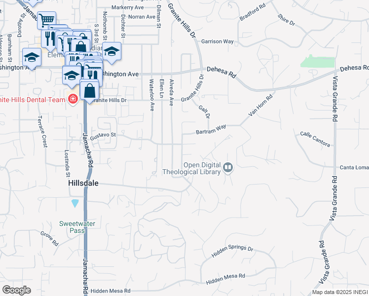 map of restaurants, bars, coffee shops, grocery stores, and more near 1671 Bartram Way in El Cajon