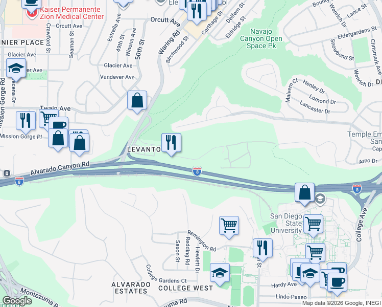 map of restaurants, bars, coffee shops, grocery stores, and more near 5422 Adobe Falls Road in San Diego