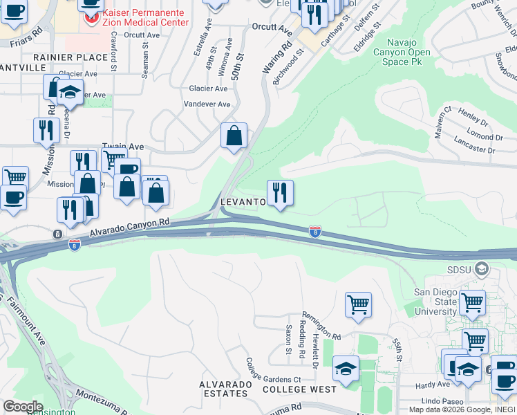 map of restaurants, bars, coffee shops, grocery stores, and more near 5374 Adobe Falls Road in San Diego