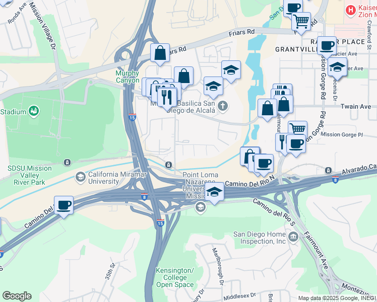 map of restaurants, bars, coffee shops, grocery stores, and more near 5999 Rancho Mission Road in San Diego