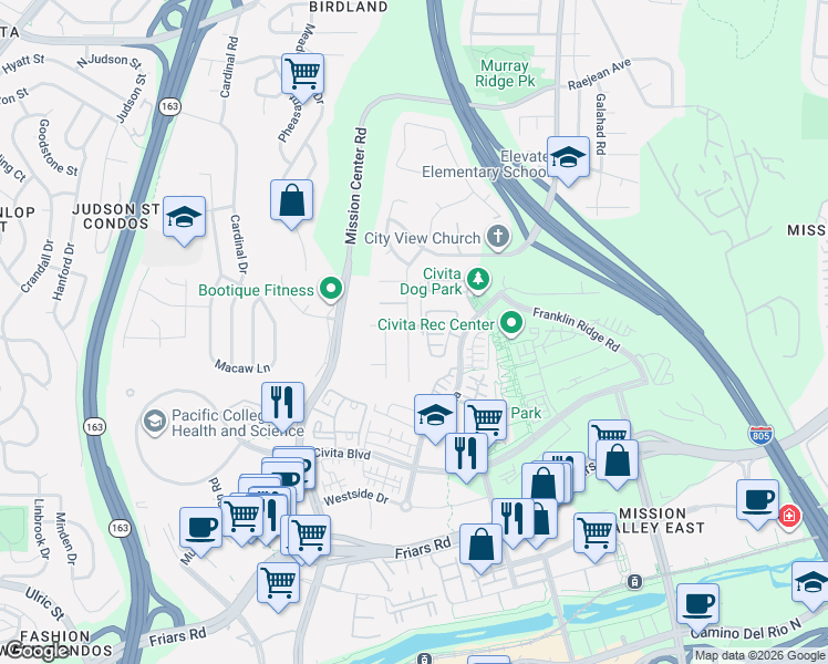 map of restaurants, bars, coffee shops, grocery stores, and more near 2543 Aperture Circle in San Diego