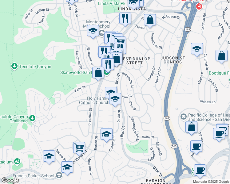 map of restaurants, bars, coffee shops, grocery stores, and more near 2137 Ulric Street in San Diego