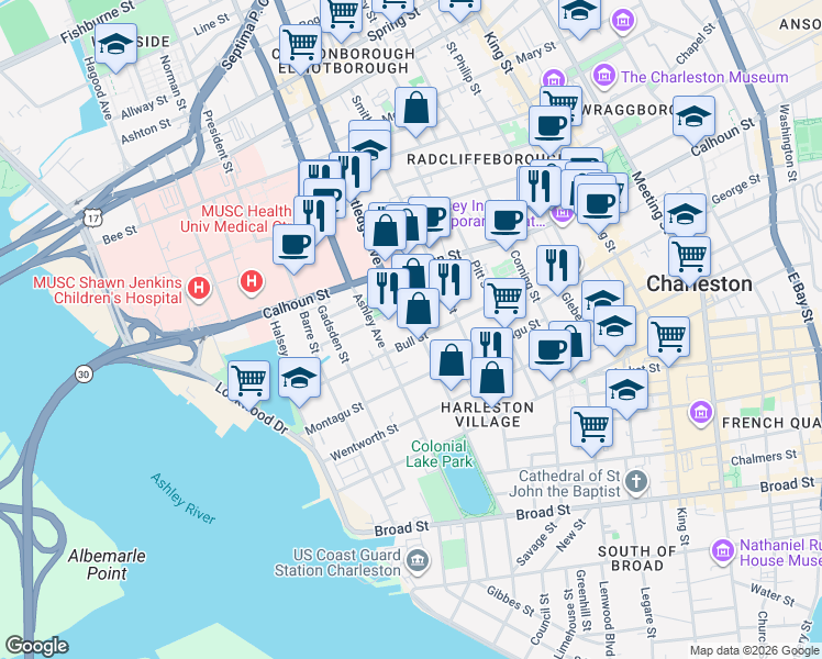 map of restaurants, bars, coffee shops, grocery stores, and more near 13 Smith Place in Charleston