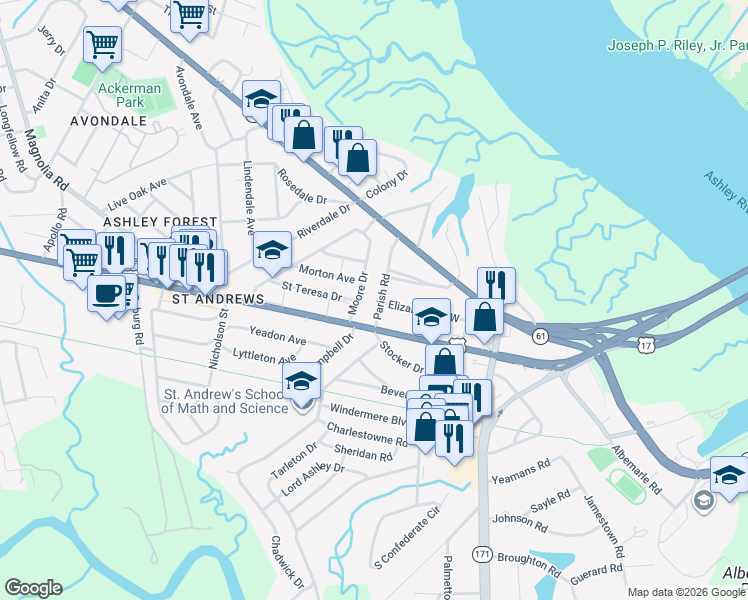 map of restaurants, bars, coffee shops, grocery stores, and more near 11 Moore Drive in Charleston