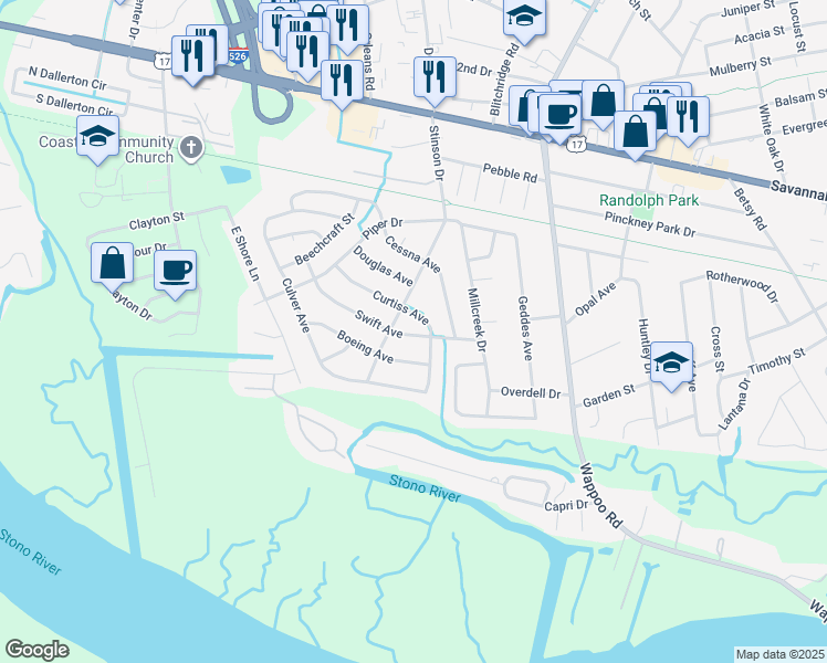 map of restaurants, bars, coffee shops, grocery stores, and more near 314 Curtiss Avenue in Charleston