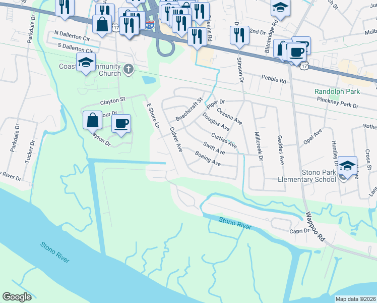 map of restaurants, bars, coffee shops, grocery stores, and more near 2038 Boeing Avenue in Charleston