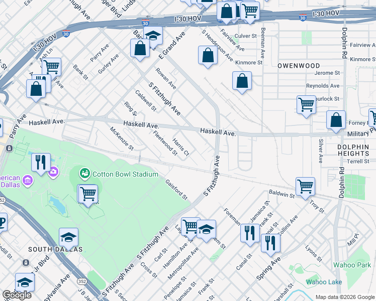 map of restaurants, bars, coffee shops, grocery stores, and more near 1542 Harris Court in Dallas