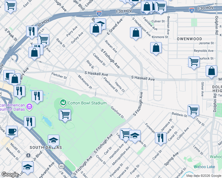 map of restaurants, bars, coffee shops, grocery stores, and more near 1510 Fleetwood Street in Dallas