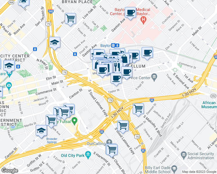 map of restaurants, bars, coffee shops, grocery stores, and more near 2805 Canton Street in Dallas