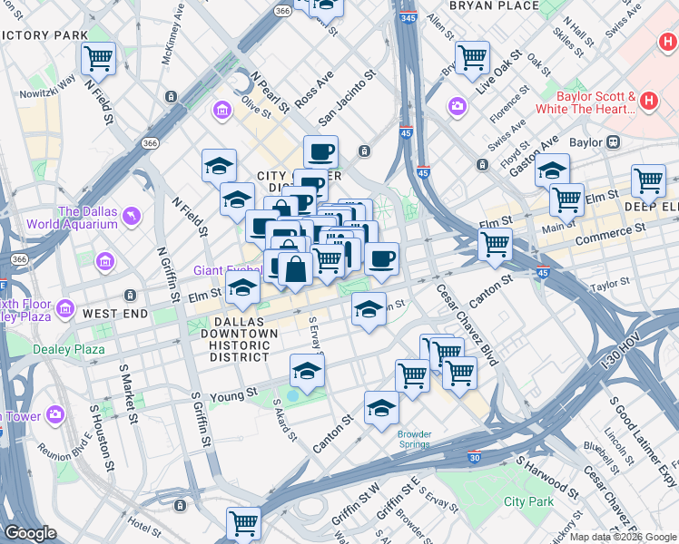 map of restaurants, bars, coffee shops, grocery stores, and more near 1916 Elm Street in Dallas