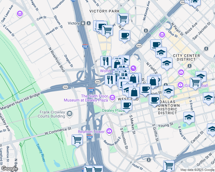 map of restaurants, bars, coffee shops, grocery stores, and more near 1951 North Record Street in Dallas