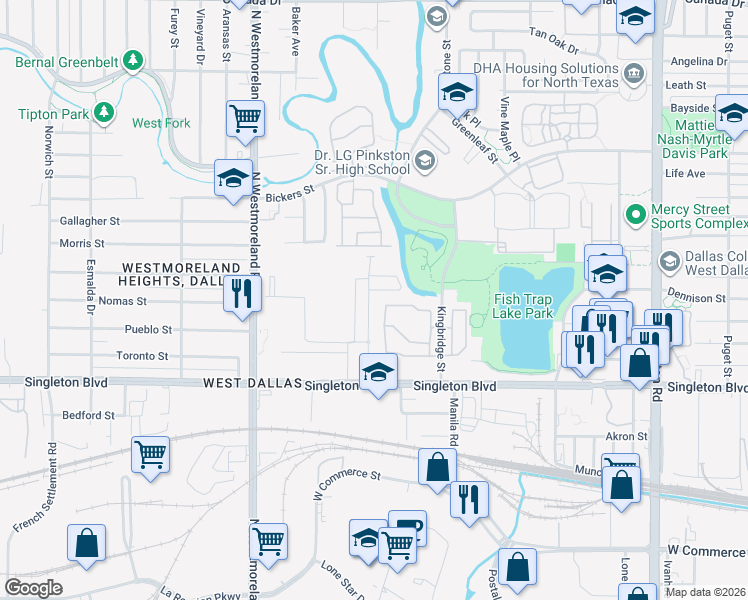 map of restaurants, bars, coffee shops, grocery stores, and more near Fishtrap Lake Park Trail in Dallas