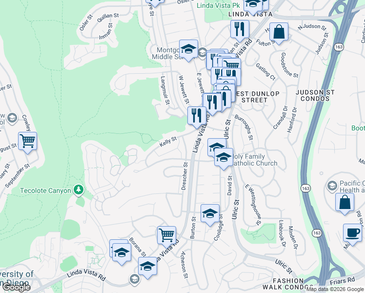map of restaurants, bars, coffee shops, grocery stores, and more near 6728 Kelly Street in San Diego