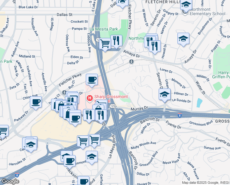 map of restaurants, bars, coffee shops, grocery stores, and more near 9001 Wakarusa Street in La Mesa