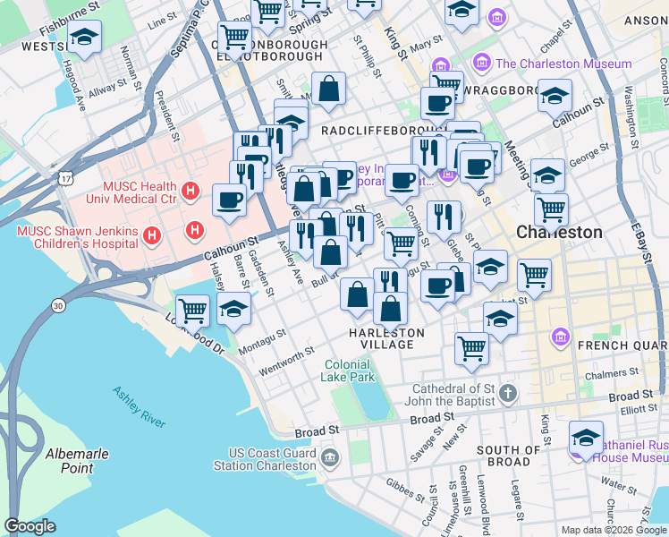 map of restaurants, bars, coffee shops, grocery stores, and more near 13 Smith Place in Charleston