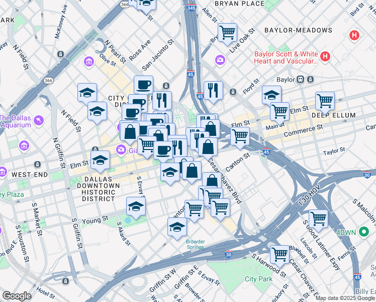 map of restaurants, bars, coffee shops, grocery stores, and more near 2107 Main Street in Dallas
