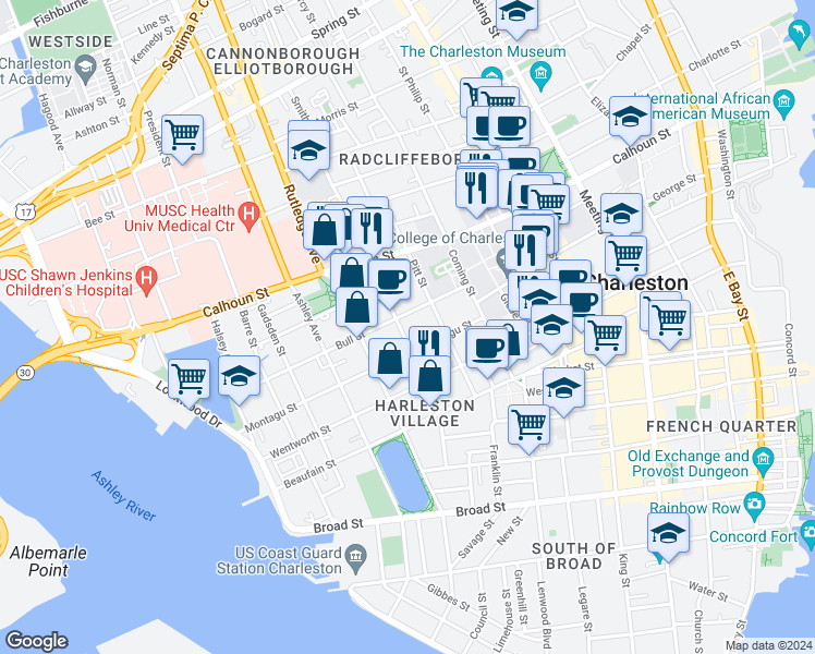 map of restaurants, bars, coffee shops, grocery stores, and more near 62 Smith Street in Charleston