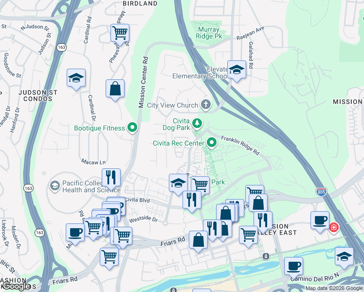 map of restaurants, bars, coffee shops, grocery stores, and more near 2400 Aperture Circle in San Diego