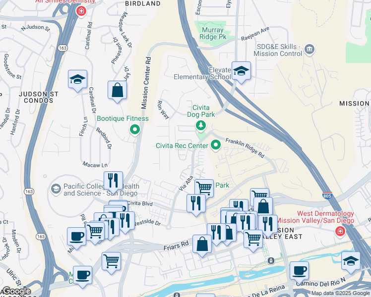 map of restaurants, bars, coffee shops, grocery stores, and more near 2624 Aperture Circle in San Diego