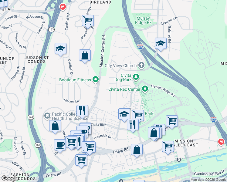 map of restaurants, bars, coffee shops, grocery stores, and more near 8251 Polizzi Place in San Diego