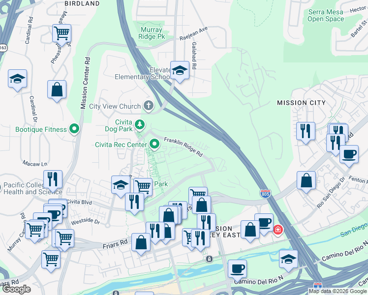 map of restaurants, bars, coffee shops, grocery stores, and more near 2686 Franklin Ridge Road in San Diego