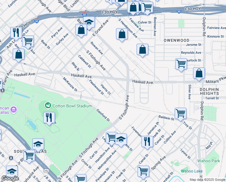 map of restaurants, bars, coffee shops, grocery stores, and more near 1553 Caldwell Street in Dallas